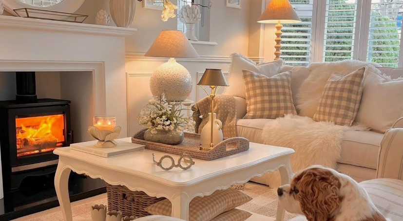 An inviting, cozy living room centered around a crackling wood-burning stove, styled with warm plaid accent pillows, soft layered textiles, and a stylish white coffee table showcasing home decor ideas without buying anything.