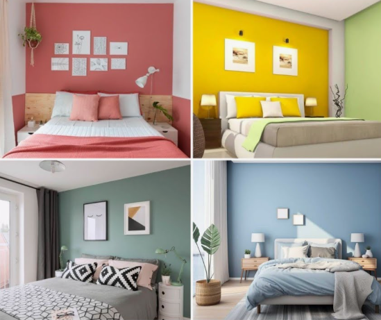 A four-panel collage of cozy bedroom interiors featuring vibrant accent walls in pink, yellow, sage green, and soft blue, styled with matching bedding and minimalist decor to illustrate creative home decor ideas without buying anything.