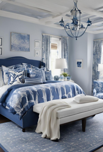 spring living room decor featuring a deep blue upholstered bed layered with patterned indigo and white throw pillows