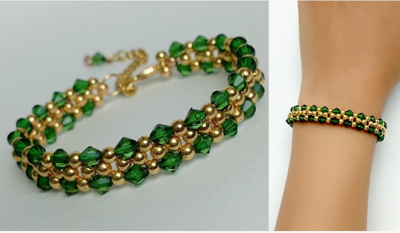 A beaded bracelet made with alternating green crystal and metallic gold beads, shown both up close and worn on a wrist, perfect for crafts for people who arent artistic.
