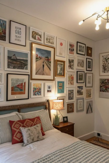 spring living room decor featuring an extensive gallery wall of framed art prints above a wooden bed frame