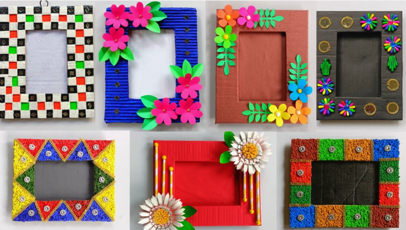A collage of handmade decorative picture frames crafted from cardboard, colorful paper flowers, and textured materials, showcasing creative home decor ideas without buying anything.