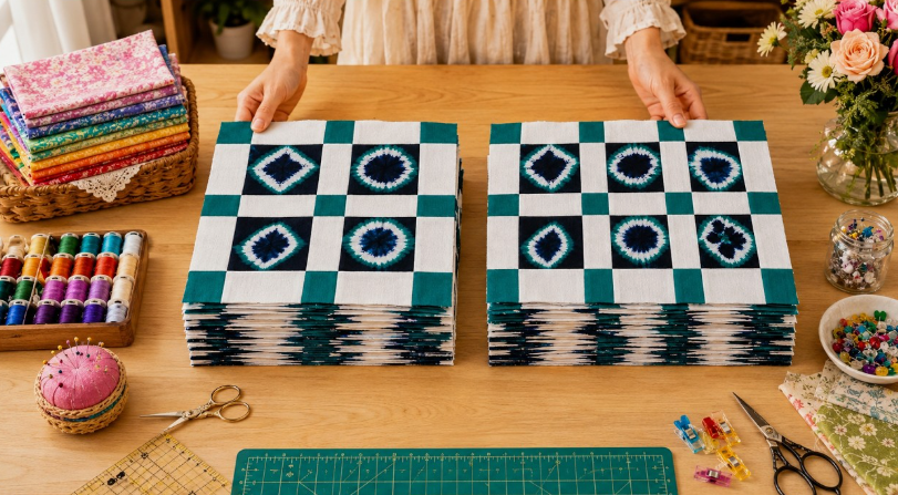 A person behind a wooden table holding two large stacks of quilt blocks featuring blue tie-dye patterns and teal-and-white checkerboard squares, showcasing creative home decor ideas without buying anything.