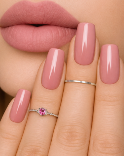 25 Nail Colors That Make Hands Look Younger A close-up portrait of matching mauve lipstick and glossy pink nail polish, highlighting nail colors that make hands look younger.