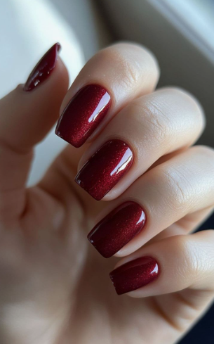 25 Nail Colors That Make Hands Look Younger A close-up of short square nails featuring a shimmering dark red cat-eye finish, demonstrating nail colors that make hands look younger.