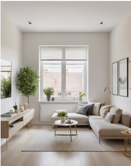 A bright, narrow living room featuring a neutral sectional sofa, a low wooden media console, a round coffee table, and soft natural lighting, illustrating elegant small apartment decor ideas.