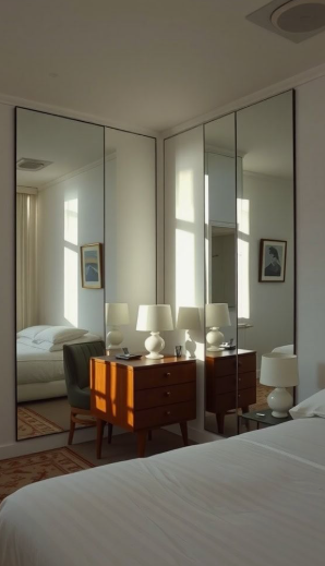 A cozy bedroom corner featuring floor-to-ceiling mirrors that create an illusion of space, paired with a wooden nightstand and a modern lamp, reflecting clever small apartment decor ideas.