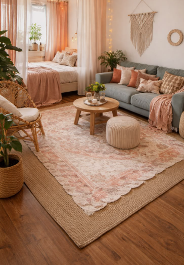 A warm, bohemian-styled studio apartment featuring a canopy bed with peach linens, a grey sofa with earthy pillows, layered area rugs, and macrame wall decor, demonstrating charming small apartment decor ideas.