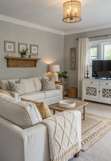 A cozy, neutral-toned living room featuring a comfortable cream sofa draped with a knit throw blanket, a rustic wooden floating shelf, and a woven overhead pendant light, illustrating inviting small apartment decor ideas.
