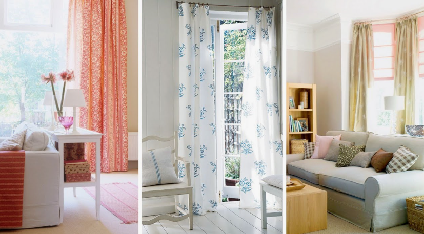A collage of three bright apartment rooms featuring various curtain styles—orange patterned drapes, blue floral print panels, and neutral drapes—highlighting creative small apartment decor ideas.