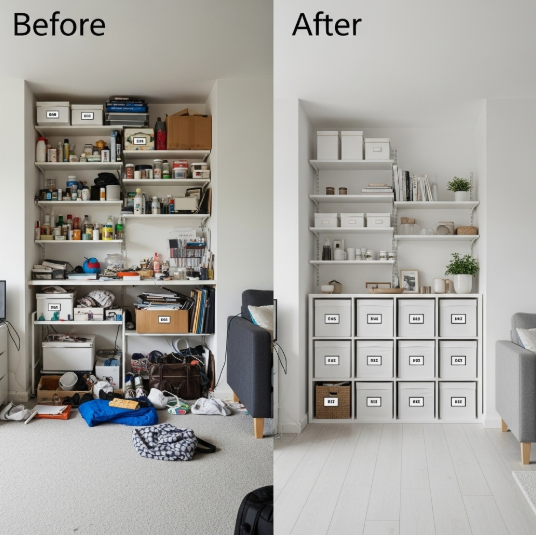 A side-by-side before-and-after comparison of a clutter-prone corner transformed with labeled storage bins and floating shelves, demonstrating effective small apartment decor ideas for organization.