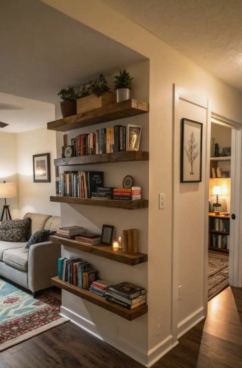 A cozy apartment alcove utilized with built-in rustic wooden floating bookshelves filled with books and plants, exemplifying clever small apartment decor ideas for maximizing vertical space.
