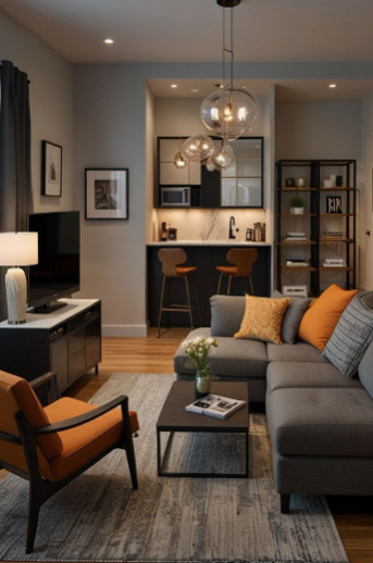 A sophisticated urban apartment living room featuring a grey sectional sofa, vibrant orange accent pillows and armchair, a dark coffee table, and an open kitchen bar area with modern pendant lights, displaying stylish small apartment decor ideas.