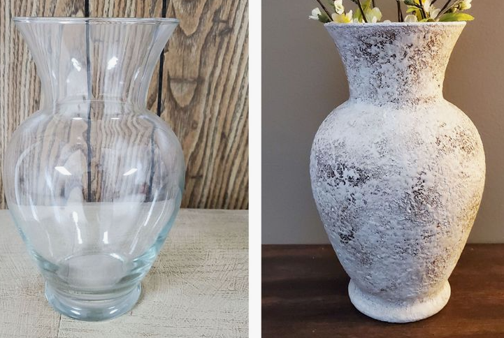 A side-by-side transformation of a clear glass vase upgraded with a textured pottery finish, showing wonderful inspiration for DIY crafts that look expensive.