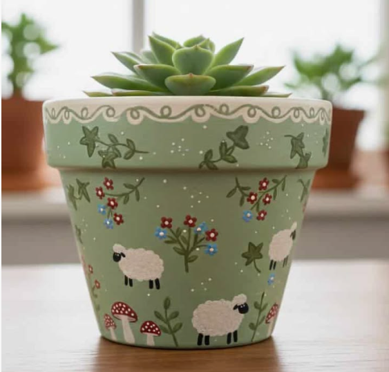 A hand-painted sage green terracotta plant pot decorated with charming little sheep, red flowers, and mushrooms, holding a vibrant succulent and showcasing delightful DIY crafts that look expensive.