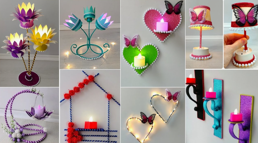 A collage of glowing handmade candle holders, fairy-light hearts, and decorative lamps made from everyday materials, presenting creative DIY crafts that look expensive for home lighting and ambiance.