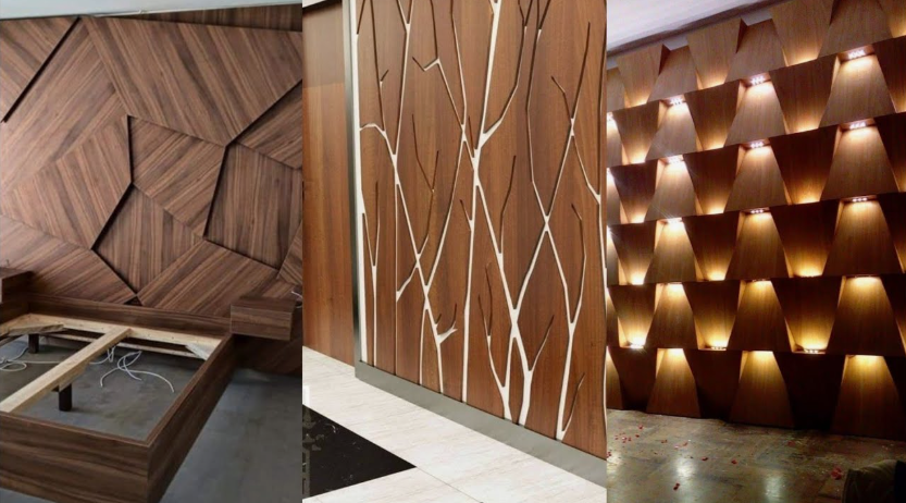 A collage of sophisticated wooden accent walls featuring geometric wood panels, organic branch cutout designs, and backlit geometric panels, showcasing brilliant DIY crafts that look expensive for home interiors.