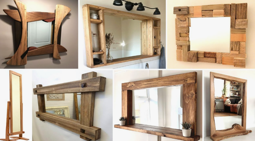 A collage of various handmade wooden mirrors featuring rustic reclaimed timber, live edges, and integrated shelves, highlighting creative DIY crafts that look expensive for home decor.