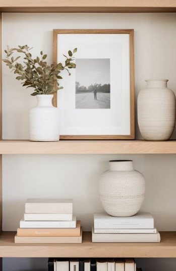 Styled wooden shelves featuring neutral ceramic vases, neutral books, and a framed black-and-white landscape photograph, highlighting gorgeous DIY crafts that look expensive for minimalist home styling.