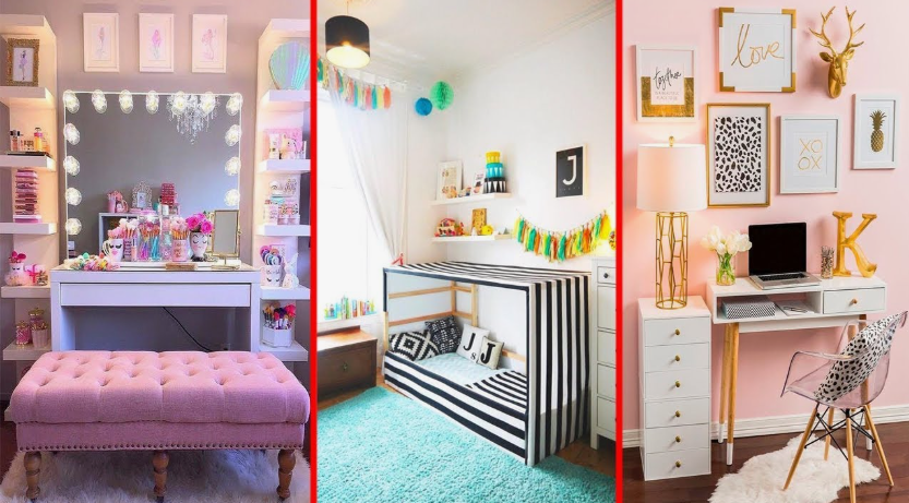 spring living room decor featuring a vibrant trio of colorful interior spaces including a lighted vanity setup, a black-and-white striped bed frame, and a pink-walled desk nook