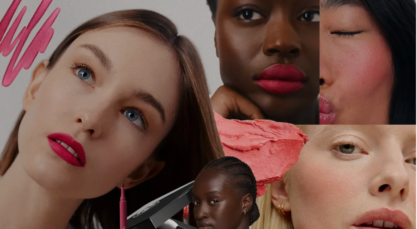2026 Beauty Trends That Are Actually Worth Trying A vibrant collage of diverse models displaying bold lip colors, rosy blushes, and smooth textures, showcasing prominent 2026 beauty trends for vibrant makeup looks.