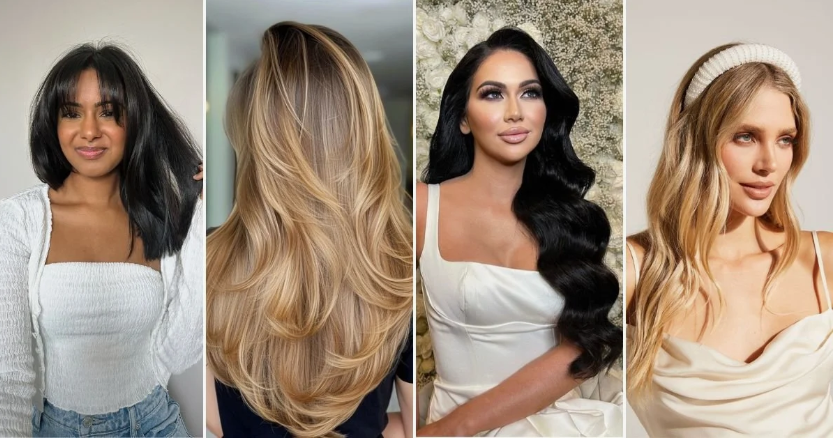 2026 Beauty Trends That Are Actually Worth Trying A four-panel collage showcasing various hairstyles including dark bangs, layered golden blonde waves, glossy black Hollywood curls, and a blonde hairstyle styled with a chic white headband, highlighting leading 2026 beauty trends for hair styling.