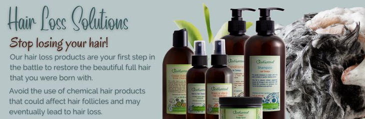 2026 Beauty Trends That Are Actually Worth Trying A display of natural hair care bottles and products alongside text about hair loss solutions, highlighting innovative 2026 beauty trends for holistic scalp health and wellness.