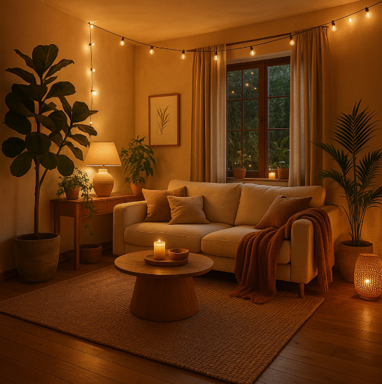 spring living room decor featuring string lights hung across the warm-toned walls and window