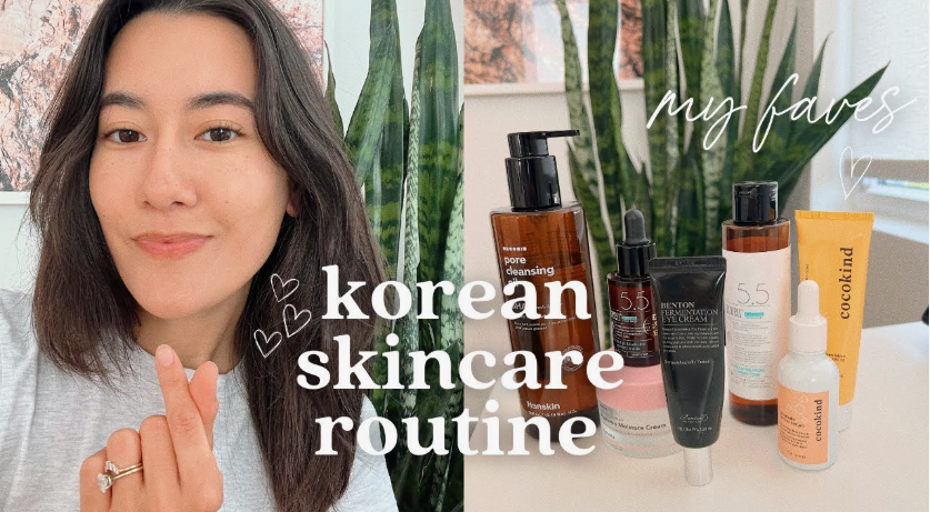 2026 Beauty Trends That Are Actually Worth Trying A beauty influencer presenting her favorite Korean skincare products alongside text reading "korean skincare routine," capturing vital 2026 beauty trends for glass-skin routines.