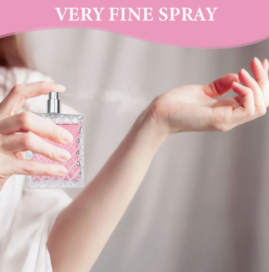 2026 Beauty Trends That Are Actually Worth Trying A woman gently spraying perfume onto her wrist from a decorative glass bottle under a header reading "very fine spray," showcasing favorite 2026 beauty trends for fragrance application and self-care.