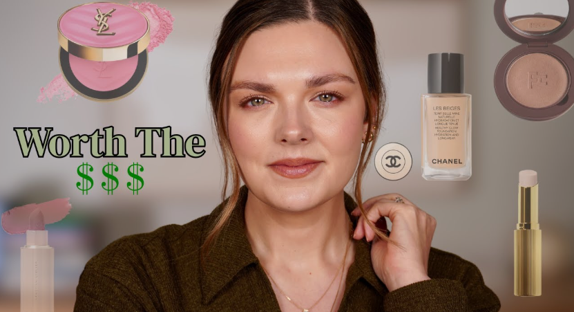 2026 Beauty Trends That Are Actually Worth Trying A beauty creator surrounded by luxury cosmetics products and text reading "Worth The $$$," highlighting high-end 2026 beauty trends for curated makeup investments.