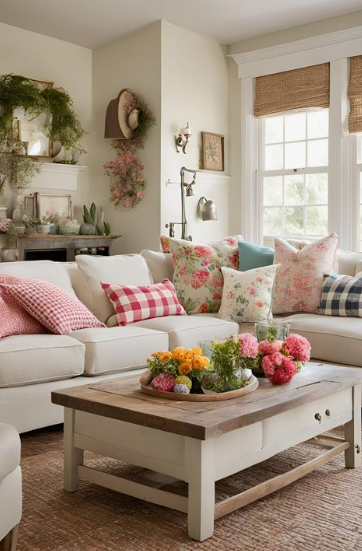 spring living room decor featuring a cozy white sectional sofa styled with vibrant floral and red checkered accent pillows