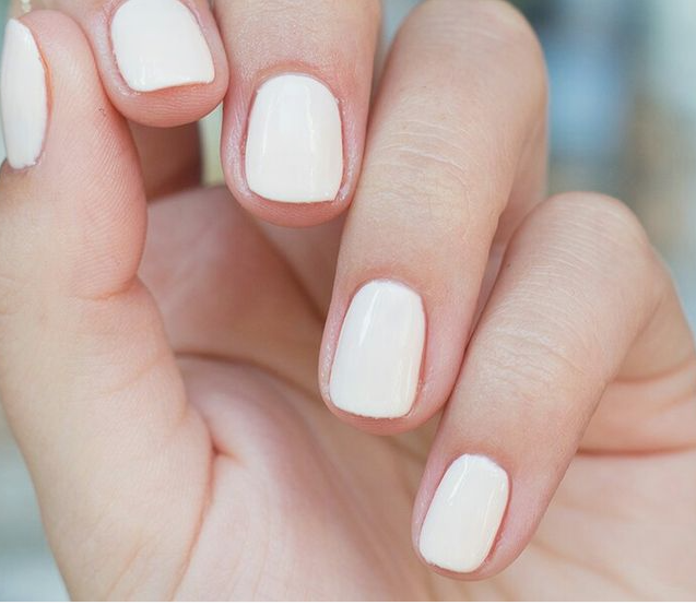30 Classy Nail Colors for Mature Hands A close-up of a hand showcasing classy nail colors for mature hands, featuring clean, glossy milk-white polish on short square nails.