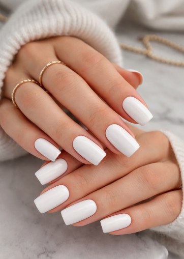 30 Classy Nail Colors for Mature Hands Hands showcasing classy nail colors for mature hands, featuring sleek, glossy white square nails accessorized with thin gold stacking rings.