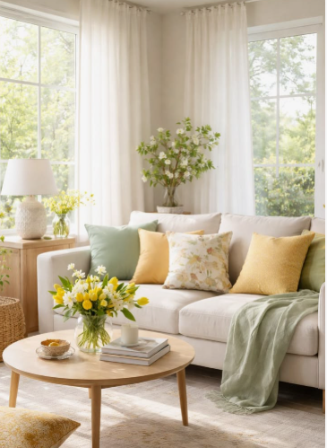 spring living room decor featuring a light neutral sofa styled with pastel yellow and green accent pillows and a draped sage throw blanket