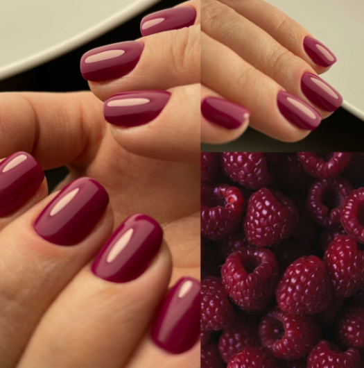 30 Classy Nail Colors for Mature Hands A collage showing hands with classy nail colors for mature hands, featuring glossy raspberry-red short square nails alongside fresh raspberries.