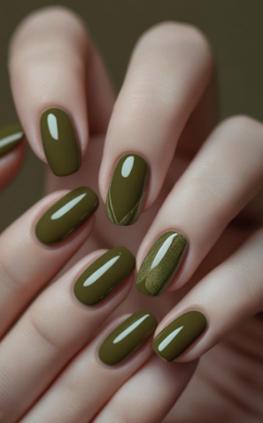 30 Classy Nail Colors for Mature Hands Hands showcasing classy nail colors for mature hands, featuring glossy olive green oval nails styled with subtle geometric gold line accents.