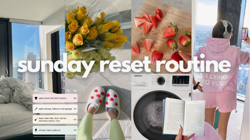 Collage image for a Sunday beauty reset routine showing a neatly made bed, fresh yellow roses, sliced strawberries on a cutting board, a person in a pink lounge set taking a selfie, and a checklist for self-care chores."