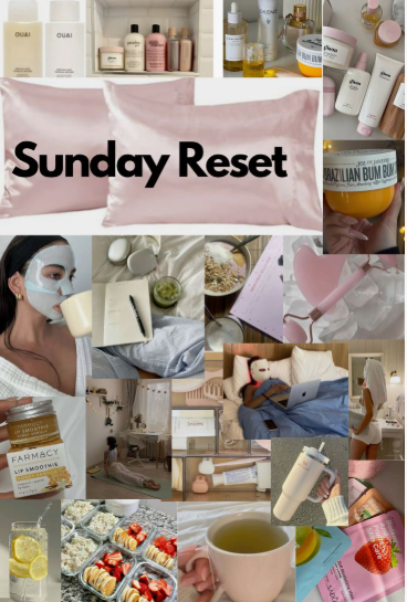 "Collage image for a Sunday beauty reset routine featuring a stack of pink satin pillowcases, numerous skincare and body products like Bum Bum Cream and Laneige, a woman wearing a face mask, meal prepped food, and other self-care items."