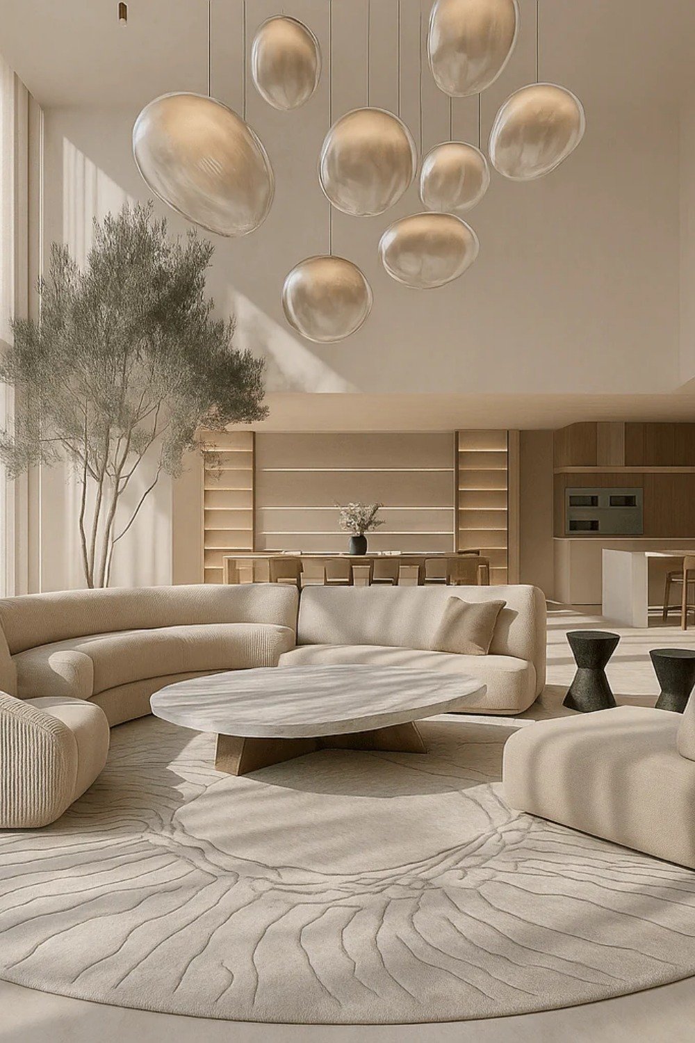Modern luxury curved living room featuring a semi-circular cream sectional sofa, oval stone coffee table, sunburst textured rug, and organic pebble pendant chandeliers.
