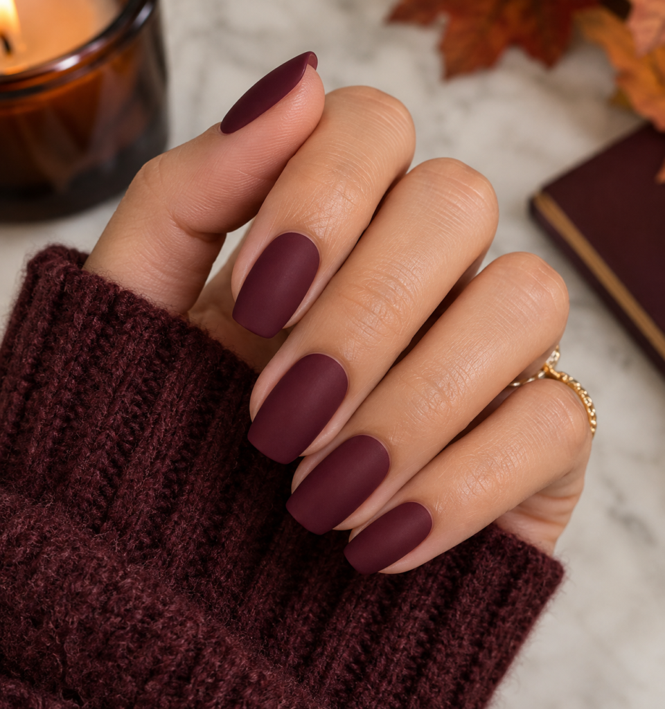 Chic matte burgundy nails showcasing a velvety, non-reflective deep wine finish as elegant fall inspiration nails.