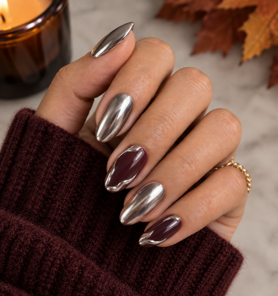 Almond-shaped fall inspiration nails featuring a blend of high-shine metallic silver chrome and deep burgundy nails outlined with molten liquid chrome borders.   