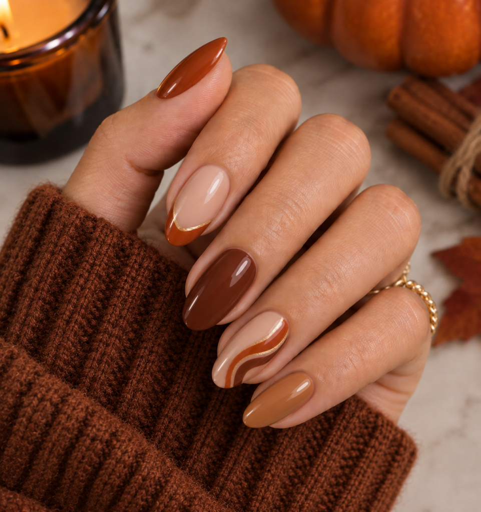 Almond-shaped fall inspiration nails featuring mix-and-match autumn nail art in burnt orange, warm chocolate brown, and caramel with gold-outlined French tips and swirls.   