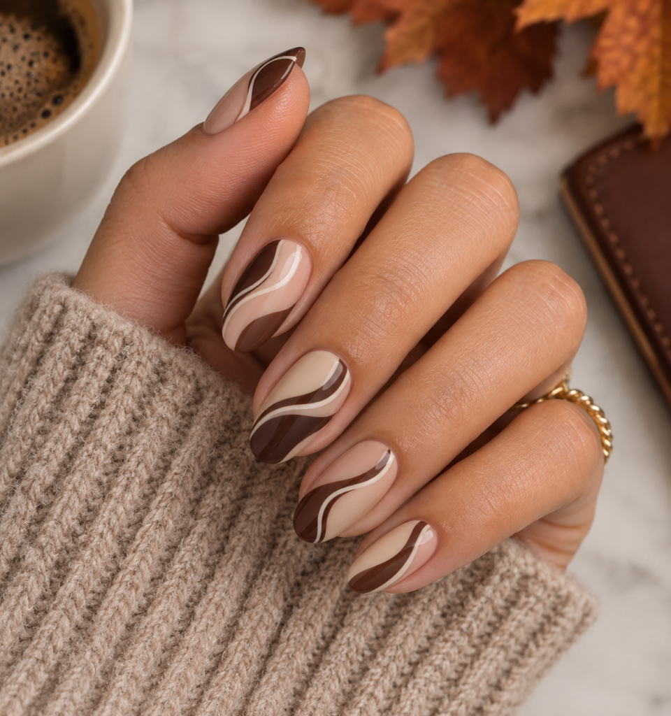 Almond-shaped fall inspiration nails featuring abstract brown, cream, and taupe swirl nail art on a sheer neutral base.   