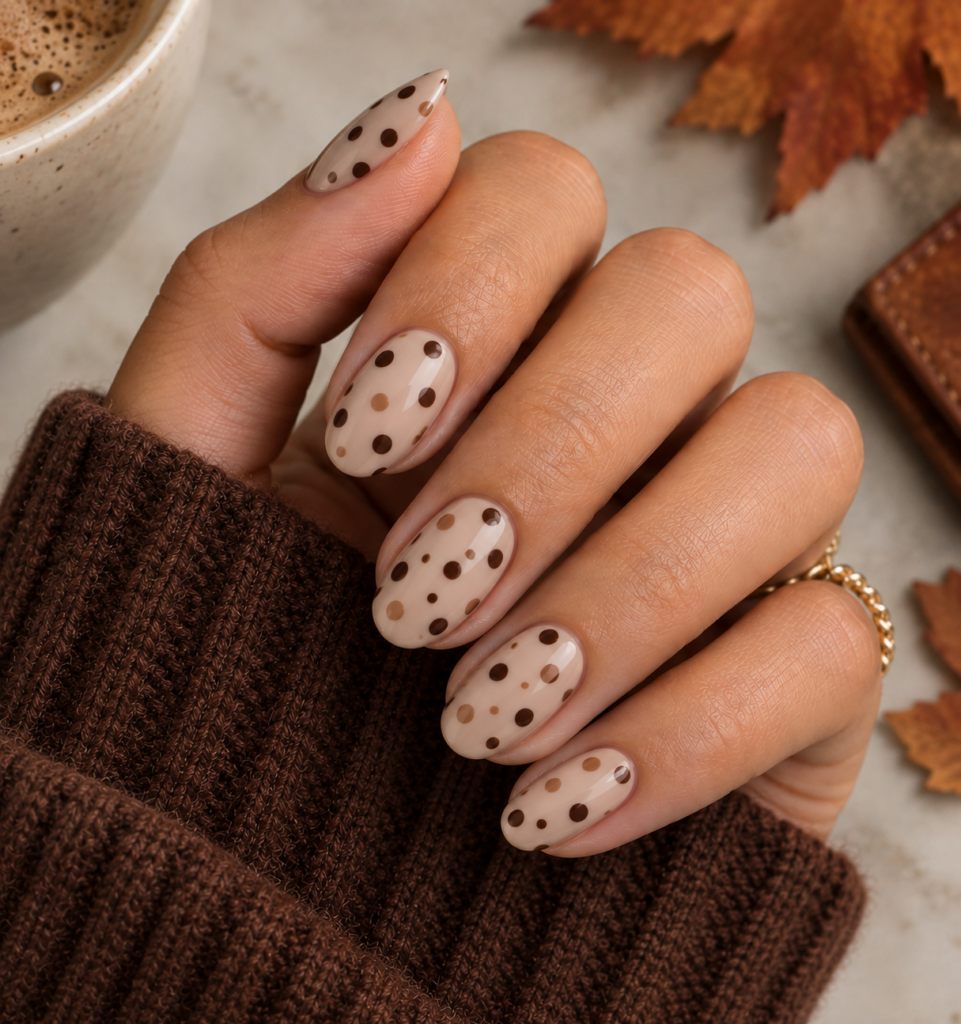 Almond-shaped fall inspiration nails featuring a milky nude base with glossy chocolate and caramel polka dot nail art.   
