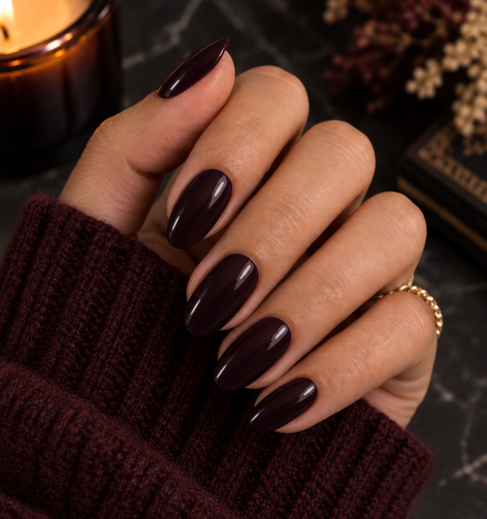 Almond-shaped fall inspiration nails painted in a glossy, dark black-cherry and deep chocolate-plum polish.   