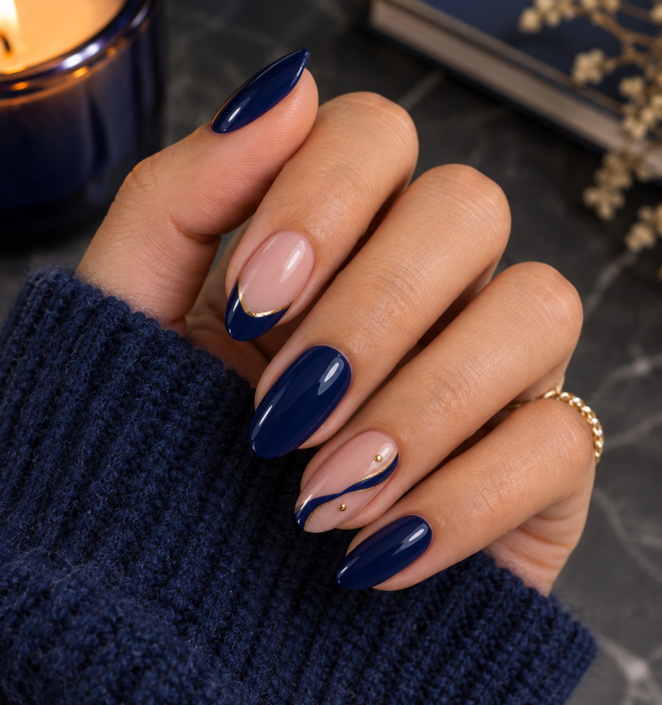 Chic almond-shaped fall inspiration nails featuring glossy deep navy blue polish, metallic gold French tips, and delicate swirl accents.   