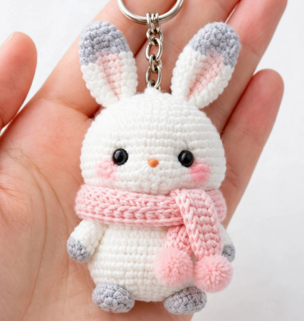 20 Nostalgic Crafts Making a Comeback in 2026 Handcrafted white crochet amigurumi bunny keychain wearing a tiny pink knitted scarf with pom-poms held in a hand, showcasing nostalgic crafts 2026 amigurumi and yarn accessory ideas.