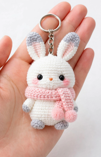 20 Nostalgic Crafts Making a Comeback in 2026 Handcrafted white crochet amigurumi bunny keychain wearing a tiny pink knitted scarf with pom-poms held in a hand, showcasing nostalgic crafts 2026 amigurumi and yarn accessory ideas.