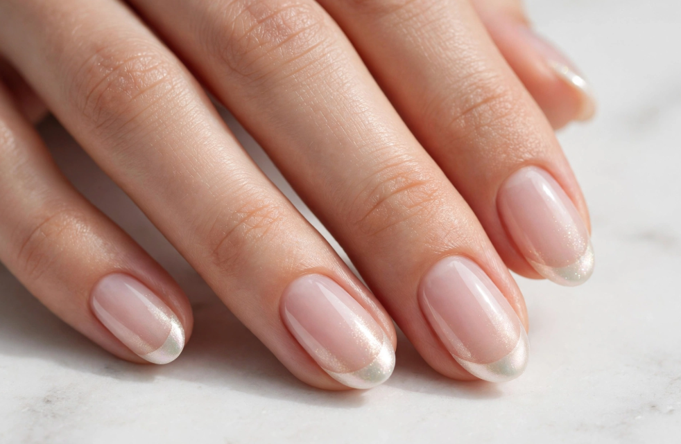 Pearlescent glazed french nails ideas featuring glossy oval nude nails finished with shimmering iridescent pearl tips.   
